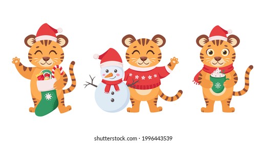 Un grupo de tigres adorables. Año del Tigre. Tigre con muñeco de nieve, dulces y café. Ilustración del vector 