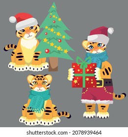 Set of cute tigers. Year of the Tiger. Merry Christmas and Happy New Year 2022. Vector illustration