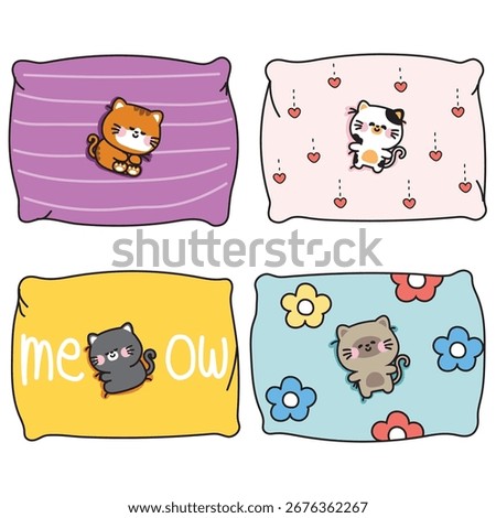 Set of cute tiny cats sleep and lay on various pillow.Meow.Pet animal.Heart.Flower.Cartoon character design.Kawaii.Vector.Illustration.
