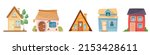 A set of cute tiny houses. Cartoon small townhouses, country houses, minimal suburban residential building vector illustration icons set. Isolated flat vector illustration.