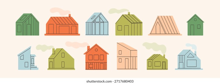 Conjunto de lindas casas pequeñas. Pequeña casa colorida, cabaña del bosque, edificios planos de la historieta. Doodle Pequeño hogar, moderno conjunto de objetos vectoriales con clase minimalista. Ilustración recortada con línea, gráfico simple.
