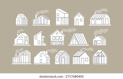 Conjunto de lindas casas pequeñas. Pequeña casa blanca, cabaña forestal, edificios planos de dibujos animados. Doodle Pequeño hogar, moderno conjunto de objetos vectoriales con clase minimalista. Ilustración recortada con línea, gráfico simple.