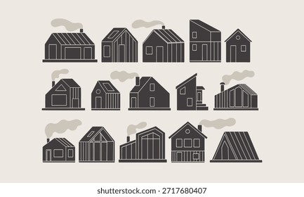 Conjunto de lindas casas pequeñas. Casa Pequeña, cabaña forestal, edificios planos de dibujos animados. Doodle negro Pequeño hogar, moderno conjunto de objetos vectoriales con clase minimalista. Ilustración recortada con línea, gráfico simple.