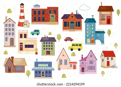 Set of cute tiny houses. Stylish city buildings, trees and vehicles. Beautiful little homes with modern facades, windows and roofs. Cartoon flat vector collection isolated on white background
