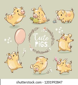 Set Of Cute Tiny Yellow Pig In Different Poses. Dancing Piggy, Pig With The Balloon. New Year Symbol Of Chinese Calendar. The Year Of The Pig