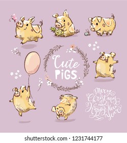 Set Of Cute Tiny Yellow Pig In Different Poses. Dancing Piggy, Pig With The Balloon. New Year Symbol Of Chinese Calendar. The Year Of The Pig.