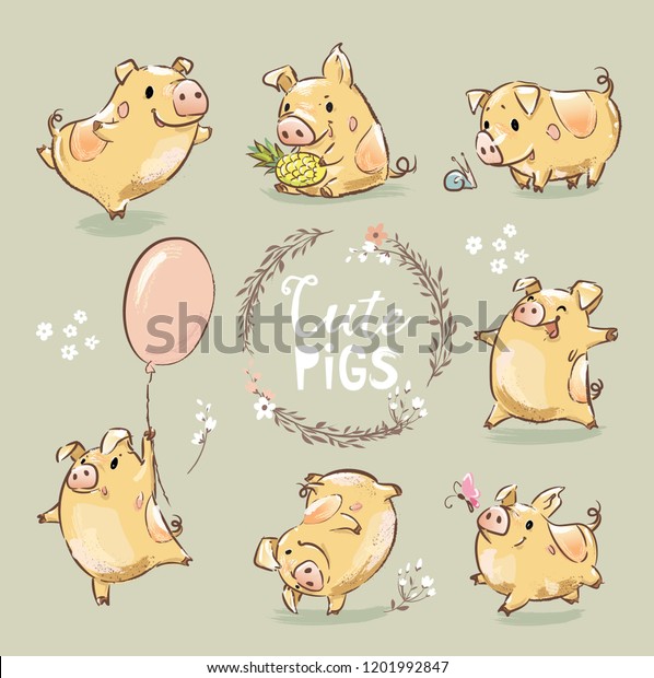 様々なポーズのかわいい小さな黄色い豚のセット 豚が風船で踊る 中国暦の新年の記号 豚の年 のベクター画像素材 ロイヤリティフリー