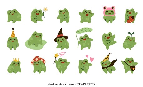 Set of cute toads or frogs. Character collection. Cartoon flats tyle. Vector illustration.