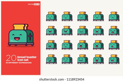 Set of Cute Toaster Emoji Line Icons In Different Expressions
