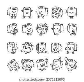 Set of cute toilet paper characters with different emotions, actions, poses, accessories and funny facial expressions for kawaii cartoon illustrations and creative designs