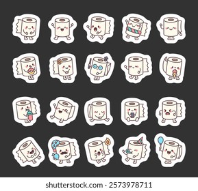 Set of cute toilet paper characters with different emotions, actions, poses, accessories and funny facial expressions for kawaii cartoon illustrations and creative designs