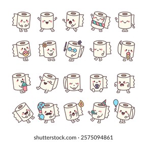 Set of cute toilet paper characters with different emotions, actions, poses, accessories and funny facial expressions for kawaii cartoon illustrations and creative designs