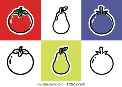 Set of Cute Tomato, Pear, and Blueberry Icon Illustration