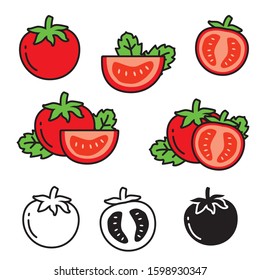 Set of cute tomato vector illustration isolated on white background. Tomato icons set with different style; black and white, lineal color and lineal 