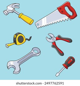 Set Cute Tools Vector Illustration Cartoon. (Screwdriver, Hammer,  Saw, Wrench, Pliers, Roll Mater)