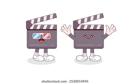 Set of Cute Toon Retro Groovy Movie and Cinema Mascot Cartoon Character Illustration.