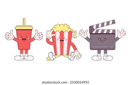 Set of Cute Toon Retro Groovy Filme e Cinema Mascot Cartoon Character Illustration.