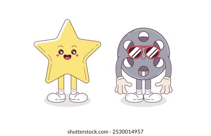 Set of Cute Toon Retro Groovy Movie and Cinema Mascot Cartoon Character Illustration.