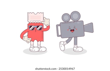 Set of Cute Toon Retro Groovy Movie and Cinema Mascot Cartoon Character Illustration.