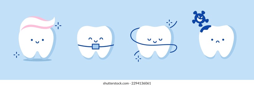 Conjunto de personajes de dientes bonitos en estilo plano. Ilustración para niños. Concepto odontológico. Diente con pasta dental en forma de peinado. Pisos dentales y tratamiento con cordones