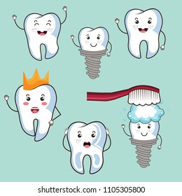 Set of cute tooth emoji and emoticons with different facial expressions