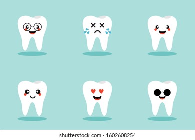 Set of cute tooth emoji and emoticons with different facial expressions. healthy white cute cartoon tooth characters with different facial expressions. Oral dental hygiene emoticons.