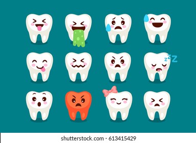 Set of cute tooth emoji and emoticons with different facial expressions part 2