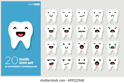 Set of Cute Tooth Emoji Line Icons In Different Expressions