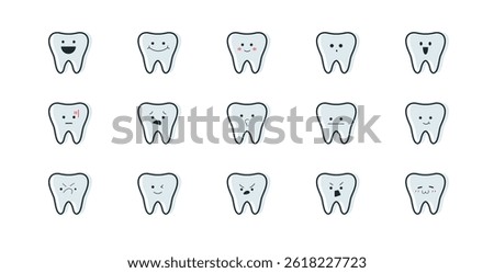 Set of cute tooth icons with various facial expressions representing dental emotions such as happy, sad, pain, and discomfort. Perfect for dental clinic materials, kids’ health guides, and infographic