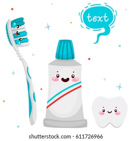 Set with cute toothbrush, toothpaste and tooth, cartoon characters, oral dental hygiene, set, collection, vector.