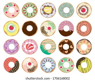 Set of cute top view doughnuts illustration vector with many flavors, perfect to be an element of pattern design and cafe decoration or graphic design for any kind of products.
