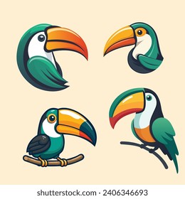 Set of cute toucans logo design. Cartoon style. Vector illustration.