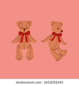 Set of cute toy bears with red bows on their necks. Vector graphics.