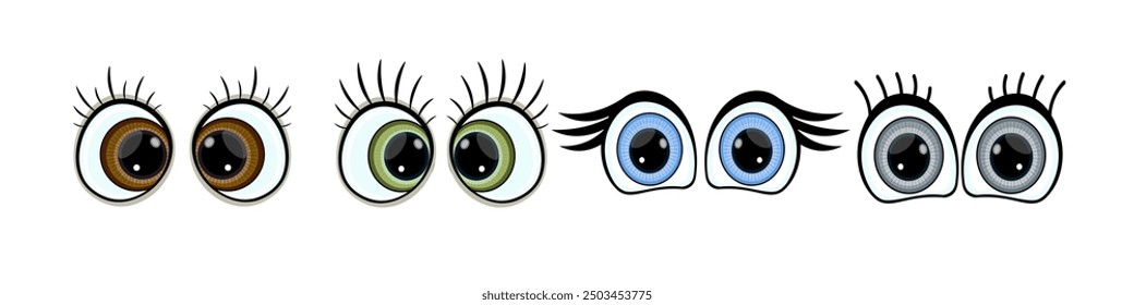 Set of cute toy eyes. Shiny, bulging, doll-like eyes in cartoon style. Cute, round, vector, isolated elements.  Different, shaking, stupid, cheerful eyes of the character. Vector illustration