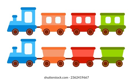 Set of cute toy train locomotive for kid, engine, wagon, wheels and railway for child. Flat vector illustration for holiday, birthday and shop. Transport children game.