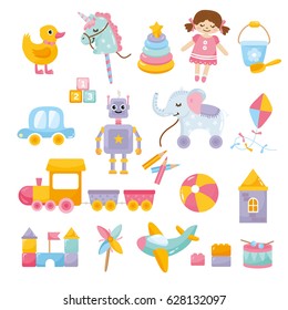 Set of cute toys. Funny robot, little unicorn, ball, toy car, doll, train and other kids items. Different toy icon collection.