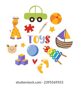 Un conjunto de juguetes lindos. Juegos para niños preescolares, jirafa, sondas para bebés para jugar y enseñar a los niños. Un coche, un barco, una bola, instrumentos musicales. Ilustraciones vectoriales planas aisladas en una caja blanca