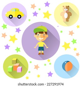 A set of cute toys icons for little Boy.Cartoon Baby boy