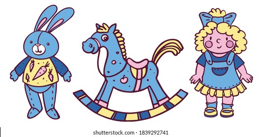 Set of cute toys. Rocking horse, doll, soft bunny. Colorful vector  illustration isolated on a white background.
