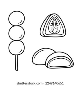 Un bonito postre japonés tradicional. Dango, mochi y daifuku. Comida dulce asiática. Estilo de dibujo de Doodle. Ilustración vectorial aislada en fondo blanco.