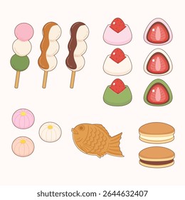 conjunto de sobremesas japonesas tradicionais bonitos em vários tipos, incluindo taiyaki dango daifuku dorayaki nerikiri, ilustração vetorial
