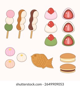 conjunto de sobremesas japonesas tradicionais bonitos em vários tipos, incluindo taiyaki dango daifuku dorayaki nerikiri, ilustração vetorial