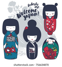 set of cute traditional japanese dolls - kokeshi, vector illustration in cartoon style