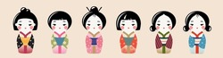 Set Of Cute Traditional Japanese Kokeshi Dolls Set. Kawaii Asian Girls In Kimono. Vector Isolated Illustration Collection.