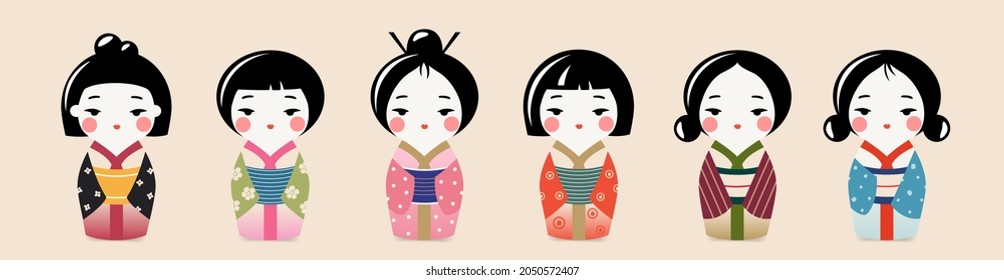 Set of Cute Traditional Japanese Kokeshi Dolls set. Kawaii asian girls in kimono. Vector isolated illustration collection. - Shutterstock ID 2050572407