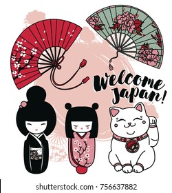 Set of cute traditional souvenirs of Japan: asian hand paper fans, kokeshi - wooden doll and maneki neko - cat with rised hand, vector illustration