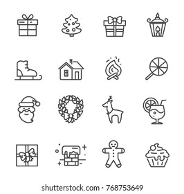 Set of cute transparent icons isolated on white background. Vector illustration with gift box decorated with bow, snowy chimney and smiling Santa Claus