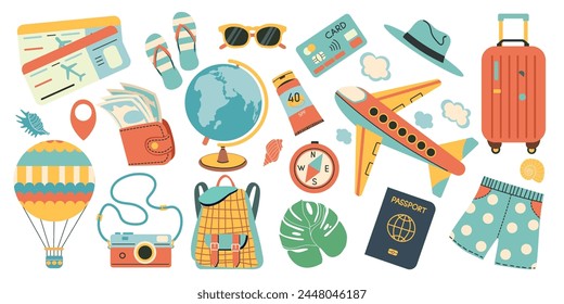 Set of cute travel icon. Travel set. Traveling collection, camera and hat, accessories needed in trip,baggage, money,  backpack, documents. 