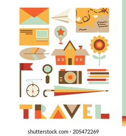 set of cute travel icons, template for card, vector illustration
