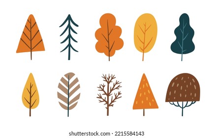 Set of cute tree for autumn design element. Collection of simple cartoon of nature hand drawn illustration.